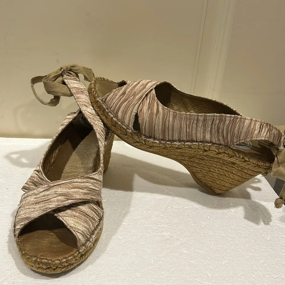Vidorreta Espadrille Wedge Sandals open toe sling back faux tie satiny pleat 38